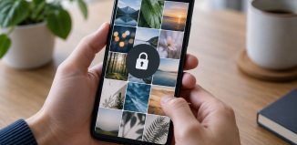 Cómo ocultar fotos en iPhone y proteger el álbum oculto Iphone genérico en manos mostrando una galería de fotos abstracta con símbolo de privacidad