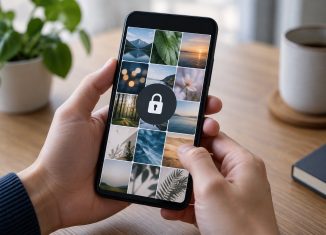 Iphone genérico en manos mostrando una galería de fotos abstracta con símbolo de privacidad