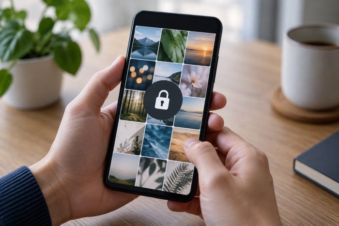 Cómo ocultar fotos en iPhone y proteger el álbum oculto Iphone genérico en manos mostrando una galería de fotos abstracta con símbolo de privacidad