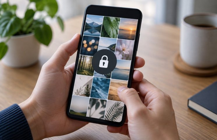 Iphone genérico en manos mostrando una galería de fotos abstracta con símbolo de privacidad