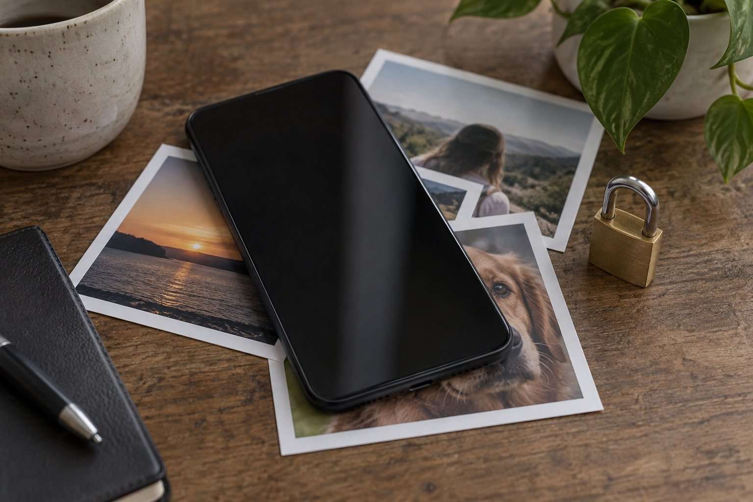 Teléfono sobre mesa con varias fotografías parcialmente cubiertas y un pequeño candado